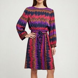 Schrader Sport Petites Vintage Purple Ikat Zigzag Belted Long Sleeve Dress 10P